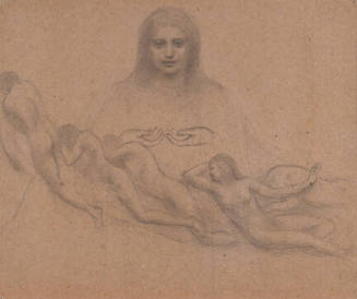 A pencil drawing of a woman in the background with five floating nudes in foreground.

