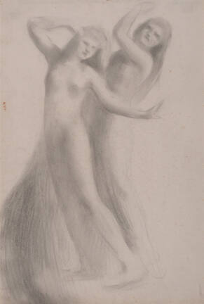A pencil drawing of two female figures dancing.

