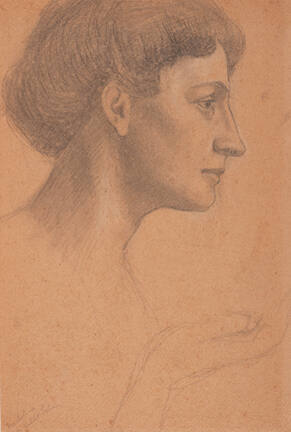 A drawing of a woman in right facing profile with a gestural hand at the bottom.


