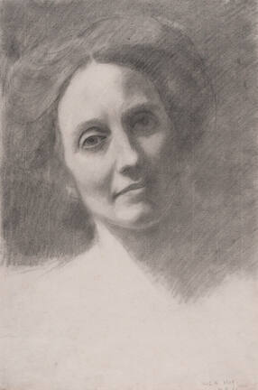 A charcoal portrait drawing of a woman with her head cocked to the proper right side, her hair …