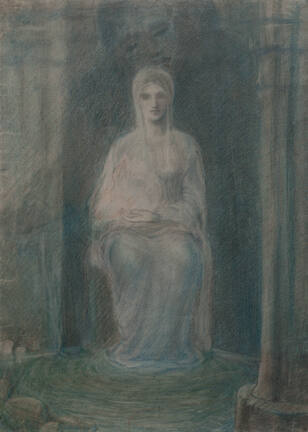 A drawing of a Madonna-like figure dressed in a pale pink and blue garment seated above a pool …