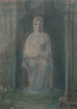 A drawing of a Madonna-like figure dressed in a pale pink and blue garment seated above a pool …