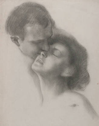 A charcoal drawing of a man leaning over to kiss a woman on the cheek. The woman has her head t…