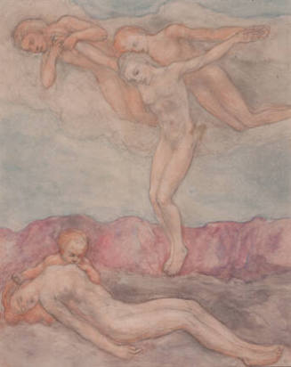 A watercolor of a prone nude woman with a red infant by her side while a nude figure is lifted …