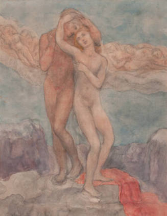A watercolor of a nude man standing behind a nude woman with her arm curved over his head with …
