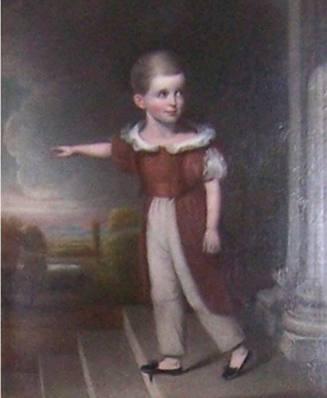 An oil painting of a young boy in white pants with a long red jacket with white capped sleeves …