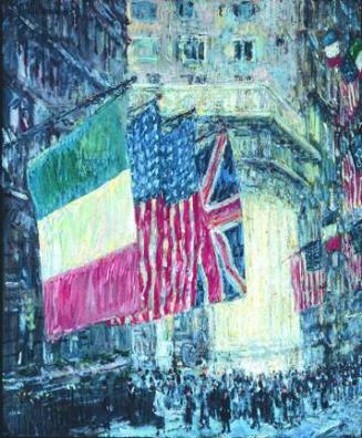 A view of large flags hanging from a building on the left, most prominently - one French, two A…