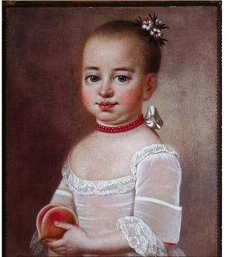 Half-length portrait of a young child in a pink dress with white lace around neckline and sleev…