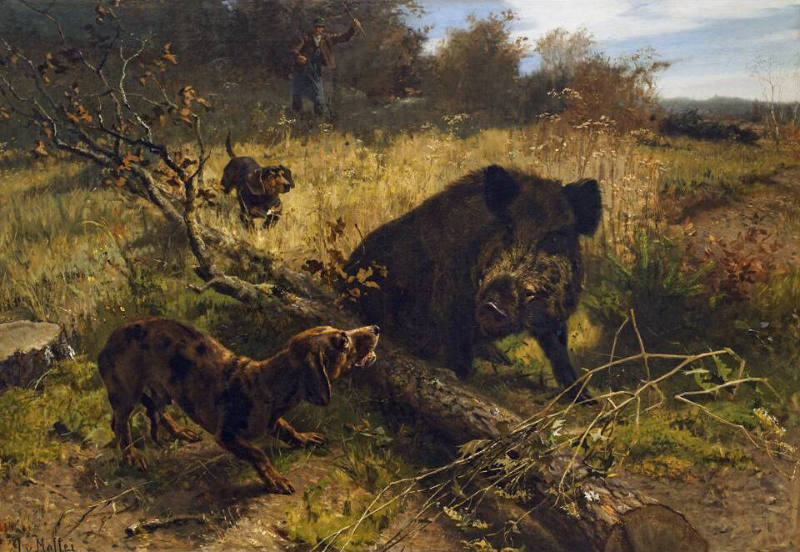 A boar stands at the center of a painting caught between a snarling dog to the right on the oth…