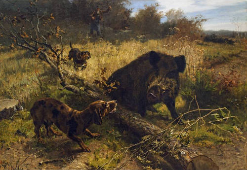 A boar stands at the center of a painting caught between a snarling dog to the right on the oth…