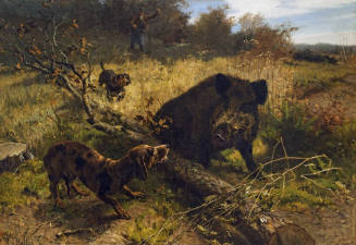 A boar stands at the center of a painting caught between a snarling dog to the right on the oth…