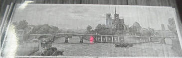 Horizontally composed painting of Paris, France with a view of the river Seine in the foregroun…