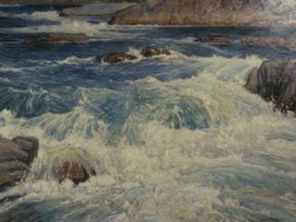 An oil painting of a landscape depicting water rushing over rocks in a river.