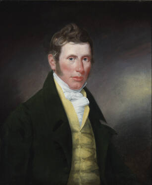 An oil portrait of a man facing the proper left in a green coat, yellow waistcoat and white cra…