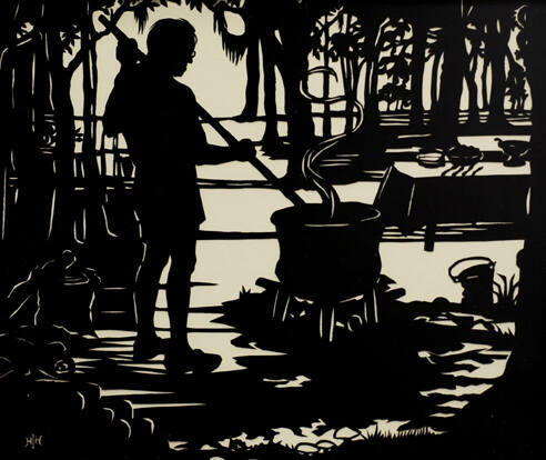 A black and ivory silhouette of a man stirring a boiling pot by a bayou or swamp.