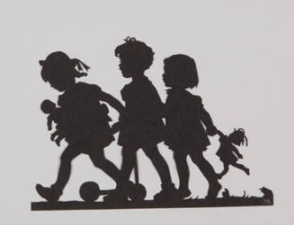 A black and ivory silhouette of three children carrying toys.