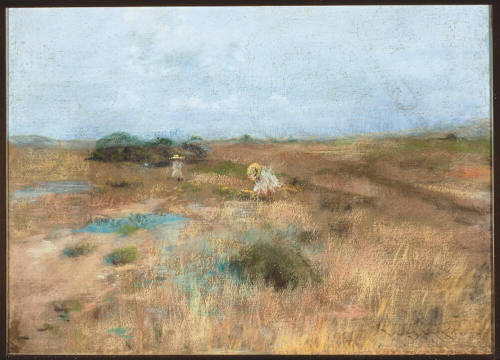 Landscape painting with two girls in white dresses and yellow hats in a field on a clear day.
