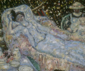 An oil sketch of a woman lying in a hammock. Her head is positioned at top left and her body dr…