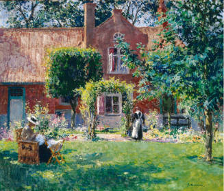 A back-lawn scene with a woman seated in a wicker chair sewing at the left foreground, while a …