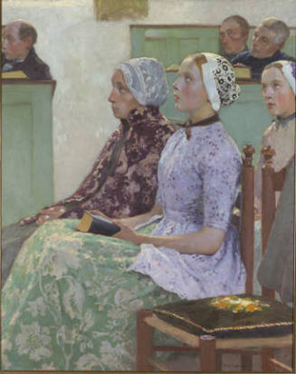 Two women in patterned garments sit at attention during a church service.  


