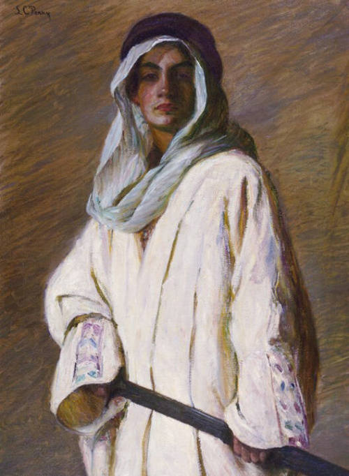 Mid-length portrait of the young Kahlil Gibran wearing white Arabian garb and grasping a sword.…