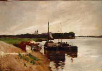 Two boats, sterns towards the viewer, are moored to the embankment of a river at the edge of a …