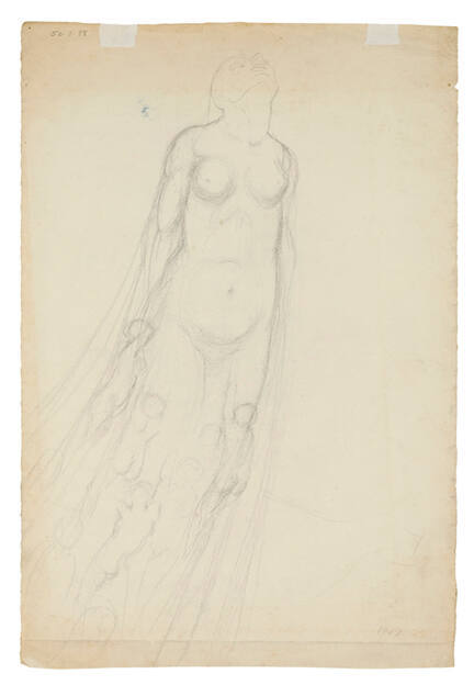 The front of a double-sided drawing featuring a sketch of nude woman ascending with smaller nud…