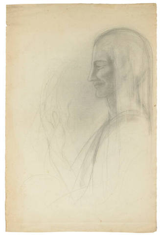 The front of a double-sided drawing featuring a sketch of nude woman ascending with smaller nud…