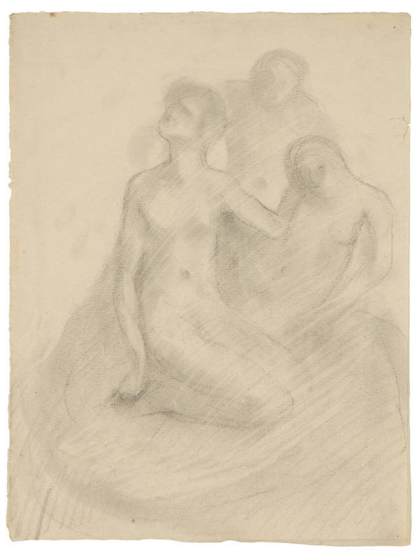 A pencil drawing of three seated nude figures.

