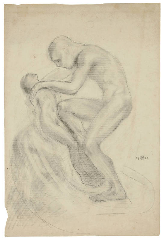 A pencil drawing of a man holding a boy.

