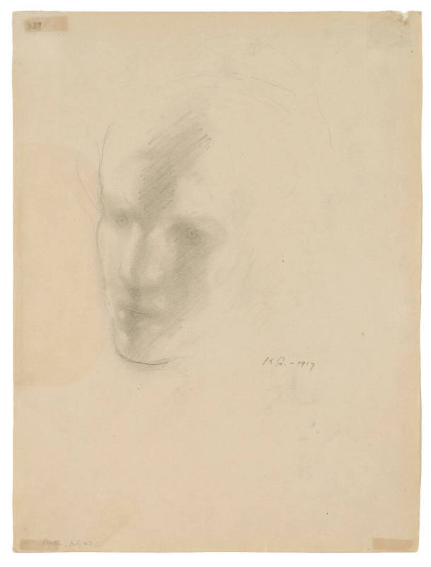 A pencil drawing or sketch of an androgynous head with distinctive shading creating the eyes an…