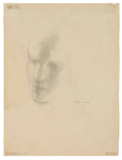 A pencil drawing or sketch of an androgynous head with distinctive shading creating the eyes an…
