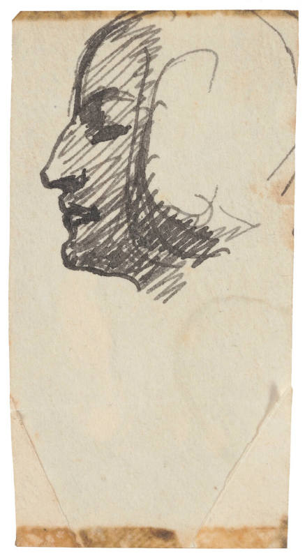 The front of a double-sided drawing featuring the head of a man overlaid with black scribbles.
…