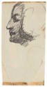 The front of a double-sided drawing featuring the head of a man overlaid with black scribbles.
…