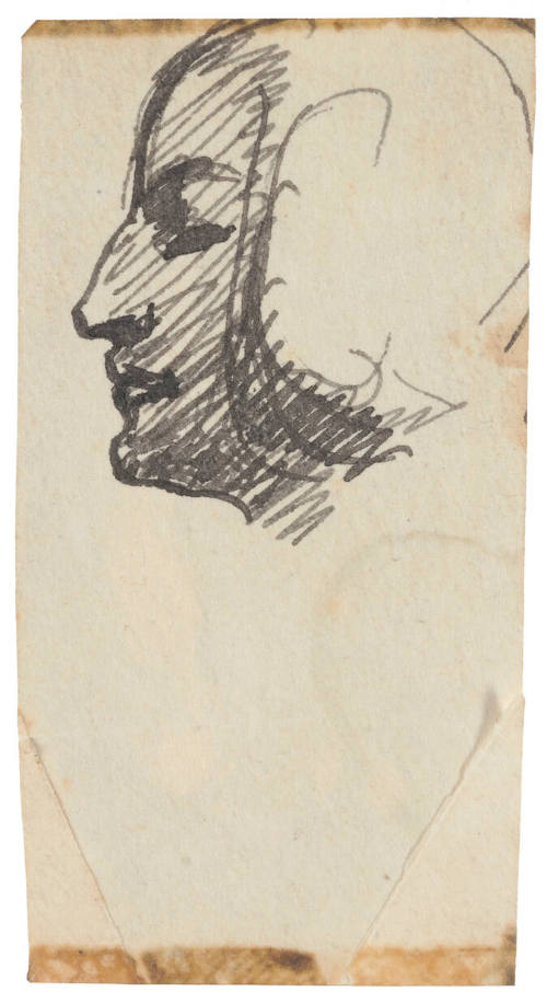 The front of a double-sided drawing featuring the head of a man overlaid with black scribbles.
…