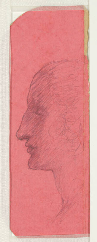 The front of a double-sided drawing featuring a pencil drawing on pink cardboard of the left-si…