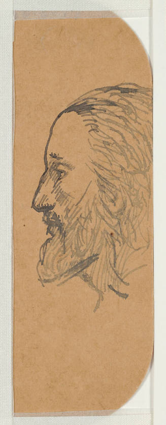 The back of a double-sided drawing featuring the profile of the left-side of a man's face in pe…