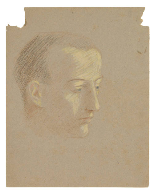 The front of a double-sided drawing with the front a portrait sketch of a man facing the right …
