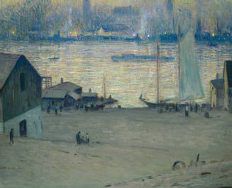 A river front scene in dark tonalities with figures walking by a docked sailboat with an indust…