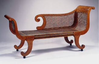 One of a pair of Récamier sofas or Grecian sofas with a partial back terminating in a scroll cr…