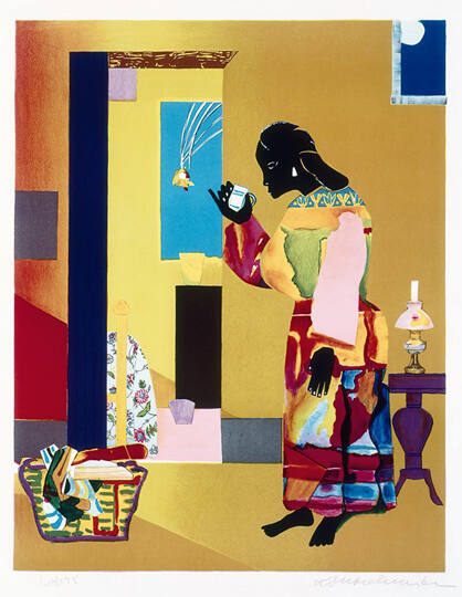 A woman stands in profile sipping from a cup in a colorful interior. 
