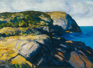 A coastal landscape comprised of a dark blue sea to the extreme right with a grey and ochre blu…