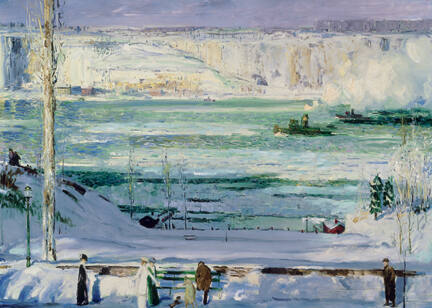 A winter river scene with a high horizon line featuring a sunlit snow-covered palisade with fig…