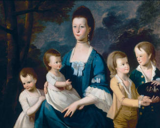 A half-length portrait group of a woman in a blue dress and four children, the youngest sitting…