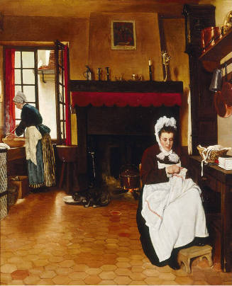 An interior scene featuring a seated woman sewing and a woman standing by a window over a steam…