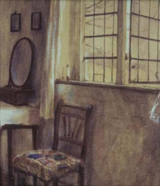 View of a partially open cottage window, a side chair and to the left, a dressing table with an…