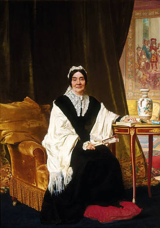 A portrait of a woman in a long black dress with white shawl, lace collar, and lace cap, seated…