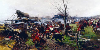 Mounted soldiers engaged in battle are aided by forces charging in from the right towards the b…