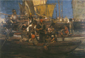 A confluence of boats packed with figures, both seated and standing, searching for fish. 