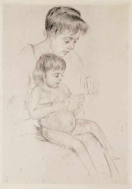 A print of a seated woman holding a naked child on her lap with her arm wrapped around the chil…